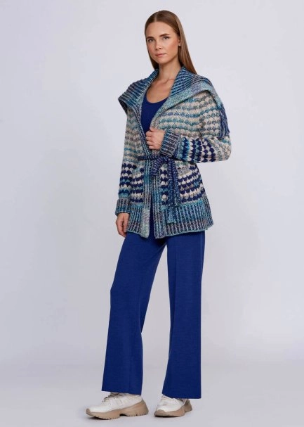 Organic Cotton Wool Blend Fringe Neck Blue Knit Cardigan - 2