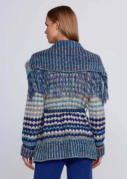 Organic Cotton Wool Blend Fringe Neck Blue Knit Cardigan - 3