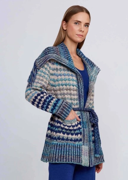 Organic Cotton Wool Blend Fringe Neck Blue Knit Cardigan - 4