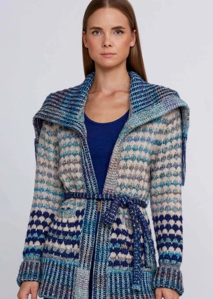 Organic Cotton Wool Blend Fringe Neck Blue Knit Cardigan - 6