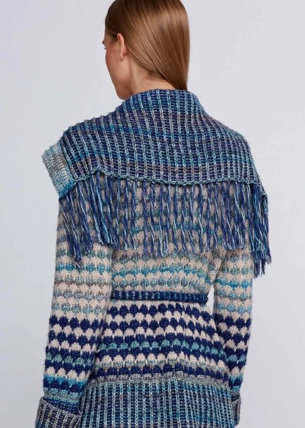 Organic Cotton Wool Blend Fringe Neck Blue Knit Cardigan - 7