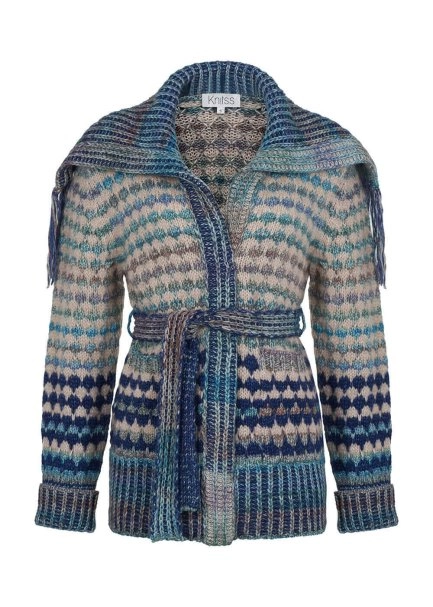 Organic Cotton Wool Blend Fringe Neck Blue Knit Cardigan - 8