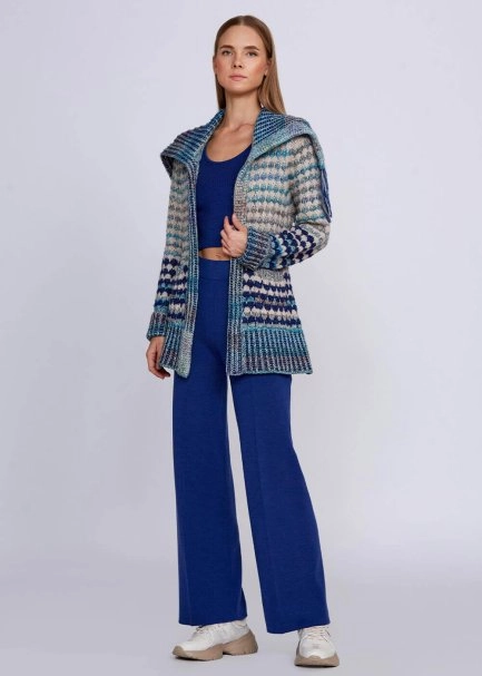 Organic Cotton Wool Blend Fringe Neck Blue Knit Cardigan - 5