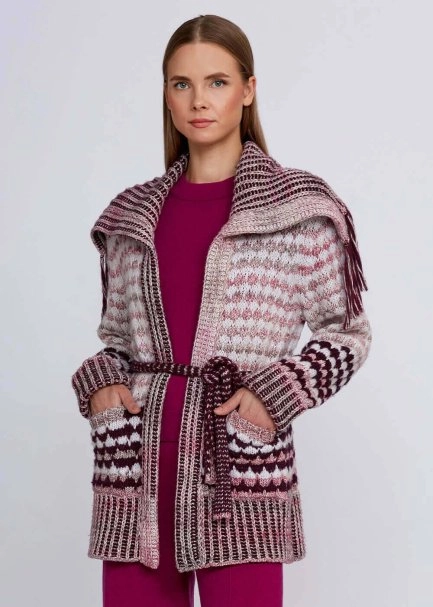 Organic Cotton Wool Blend Fringe Neck Pink Knit Cardigan - 1