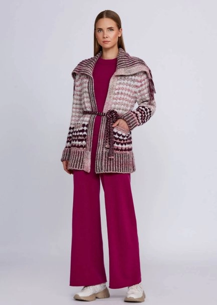 Organic Cotton Wool Blend Fringe Neck Pink Knit Cardigan - 2