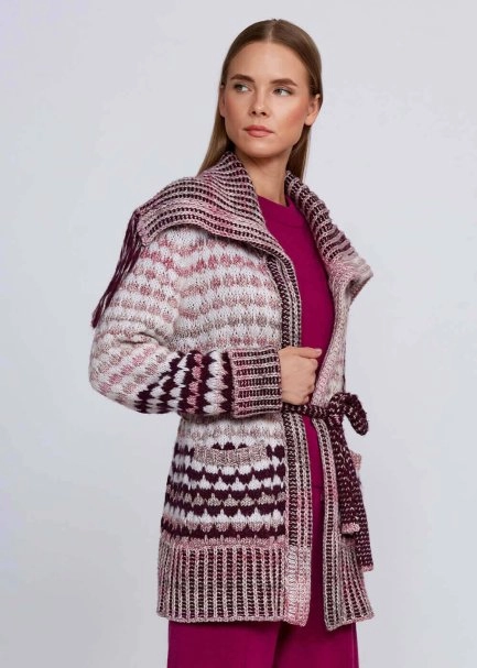 Organic Cotton Wool Blend Fringe Neck Pink Knit Cardigan - 4