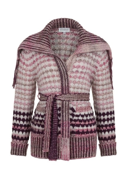 Organic Cotton Wool Blend Fringe Neck Pink Knit Cardigan - 8