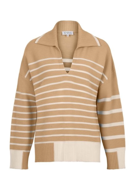 Organic Cotton Wool Blend Stripes Camel Knit Top - 6