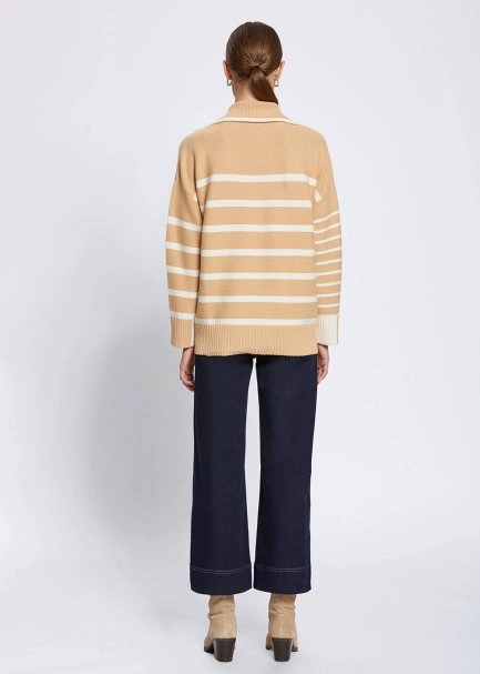Organic Cotton Wool Blend Stripes Camel Knit Top - 5