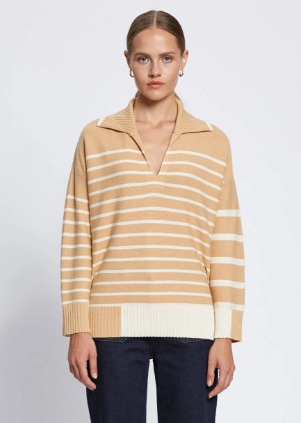 Organic Cotton Wool Blend Stripes Camel Knit Top - 1
