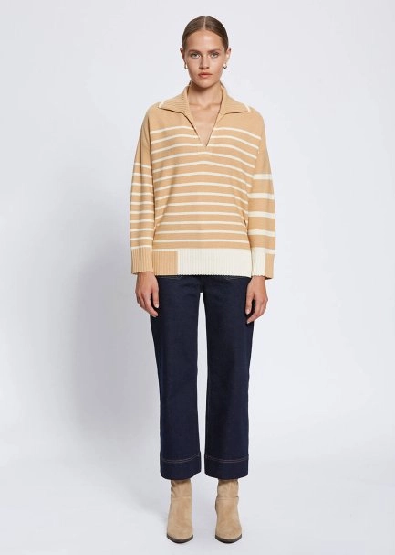Organic Cotton Wool Blend Stripes Camel Knit Top - 2