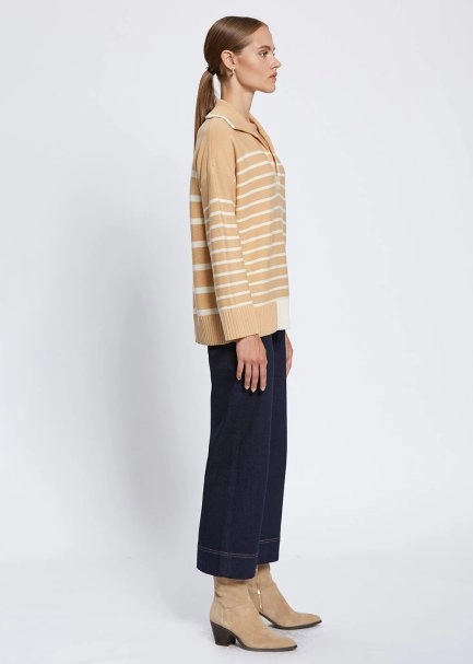 Organic Cotton Wool Blend Stripes Camel Knit Top - 3