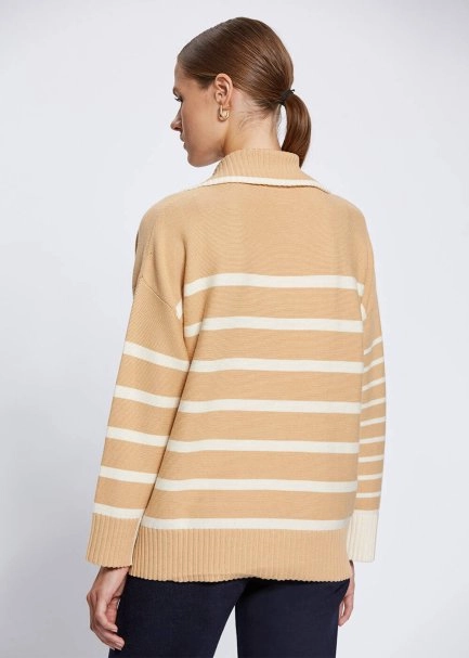 Organic Cotton Wool Blend Stripes Camel Knit Top - 4