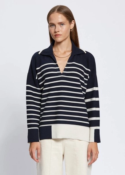 Organic Cotton Wool Blend Stripes Navy Knit Top - 1
