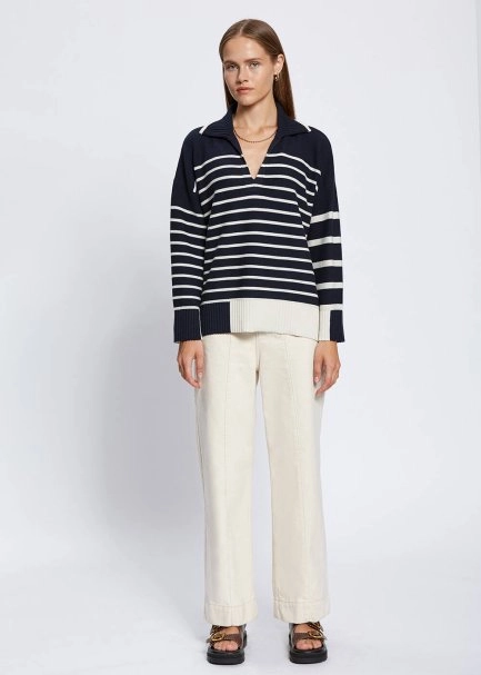 Organic Cotton Wool Blend Stripes Navy Knit Top - 2