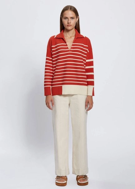 Organic Cotton Wool Blend Stripes Orange Knit Top - 2