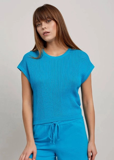 Organik Pamuk Delikli Örgü Turkuaz Triko Üst - 1