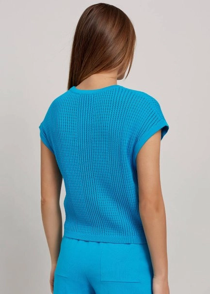 Organik Pamuk Delikli Örgü Turkuaz Triko Üst - 3