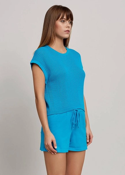 Organik Pamuk Delikli Örgü Turkuaz Triko Üst - 4