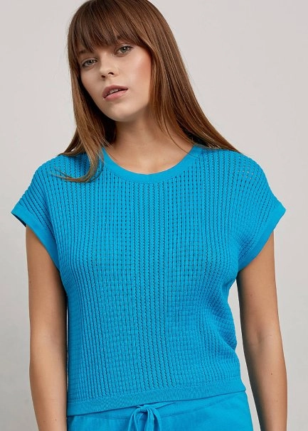 Organik Pamuk Delikli Örgü Turkuaz Triko Üst - 6