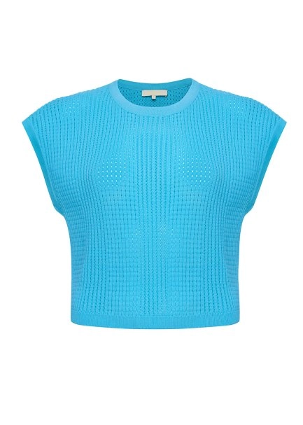 Organik Pamuk Delikli Örgü Turkuaz Triko Üst - 8