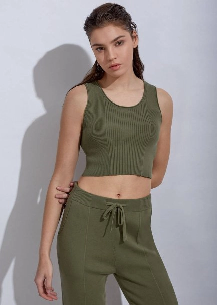 Organik Pamuk Haki Crop Triko Üst - 1