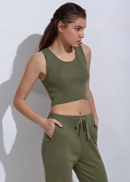 Organik Pamuk Haki Crop Triko Üst - 2