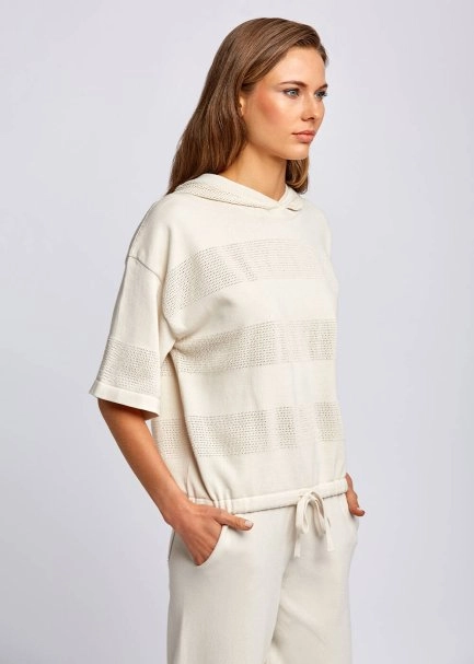 Organik Pamuk Kapüşonlu Bej Triko Üst - 4