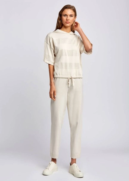 Organik Pamuk Kapüşonlu Bej Triko Üst - 5