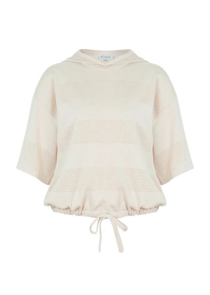 Organik Pamuk Kapüşonlu Bej Triko Üst - 8