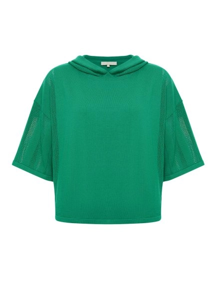 Organik Pamuk Kapüşonlu Crop Yeşil Triko Üst - 8