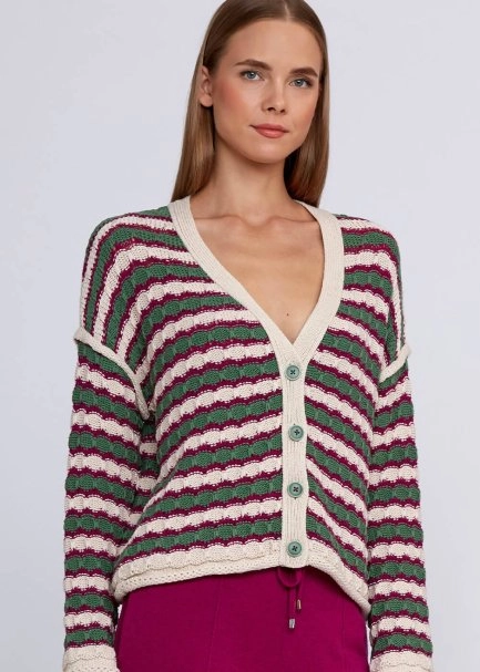 Organik Pamuk Karışımlı Yeşil Ekru Triko Hırka - 7