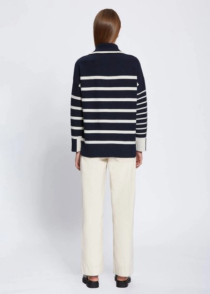 Organik Pamuk Yün Karışımlı Çizgili Lacivert Triko - 5