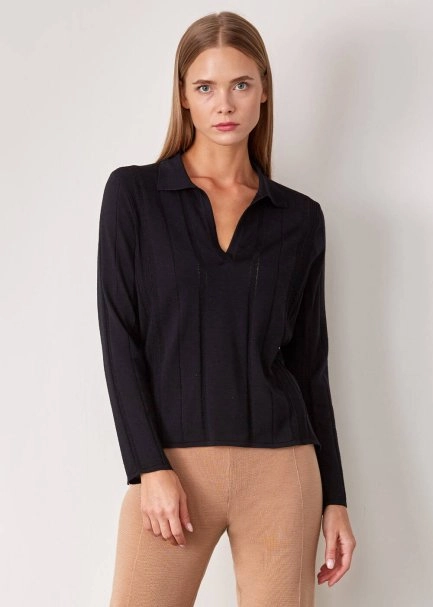 Örgü Detaylı Merino Yün Siyah Triko - 1