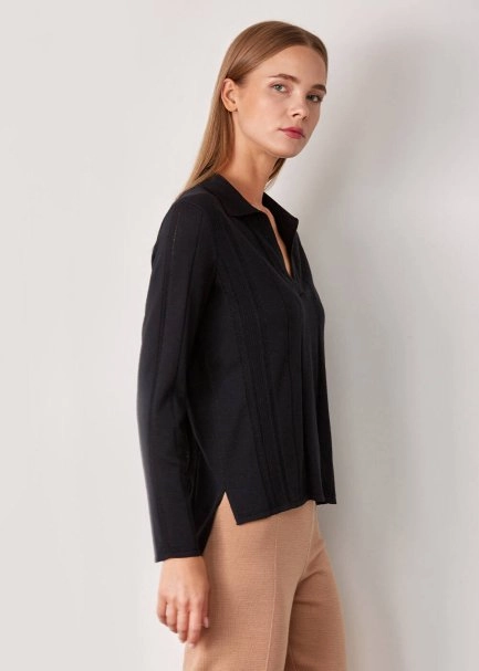 Örgü Detaylı Merino Yün Siyah Triko - 4