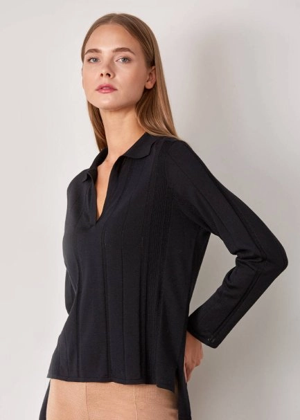 Örgü Detaylı Merino Yün Siyah Triko - 6