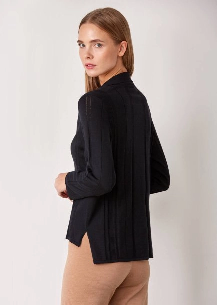 Örgü Detaylı Merino Yün Siyah Triko - 7