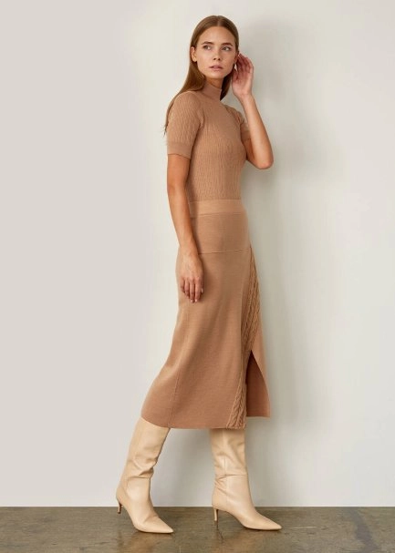 Örgü Detaylı Camel Triko Kalem Etek - 5