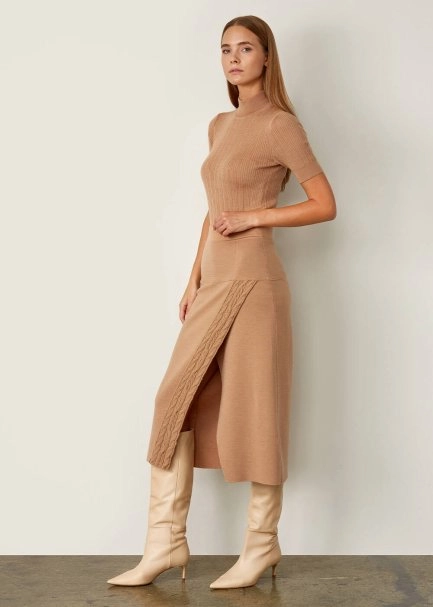 Örgü Detaylı Camel Triko Kalem Etek - 6