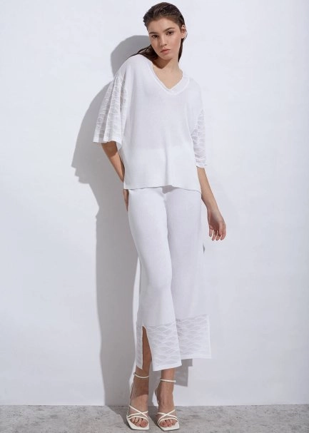 Örgü Detaylı Crop Beyaz Triko Pantolon - 2