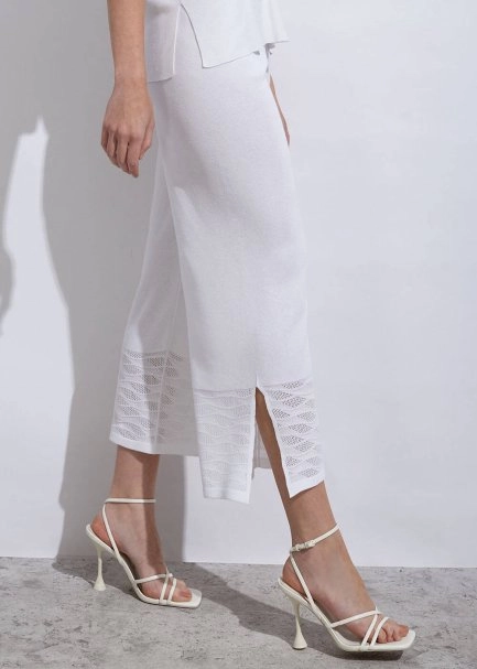 Örgü Detaylı Crop Beyaz Triko Pantolon - 5