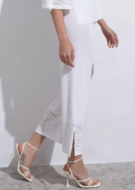 Örgü Detaylı Crop Beyaz Triko Pantolon - 4