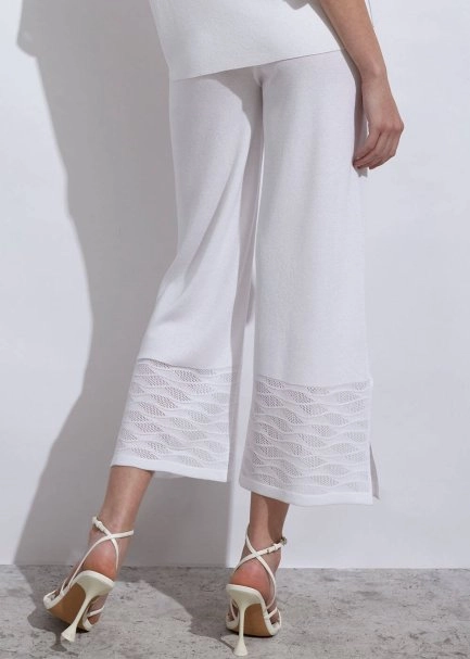 Örgü Detaylı Crop Beyaz Triko Pantolon - 7