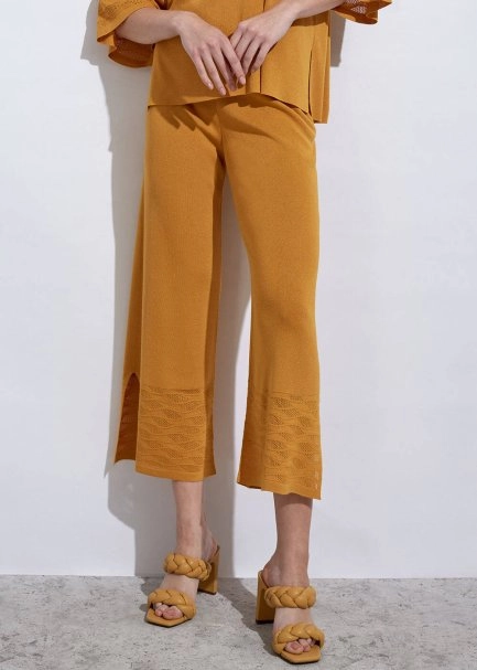 Örgü Detaylı Crop Sarı Triko Pantolon - 1