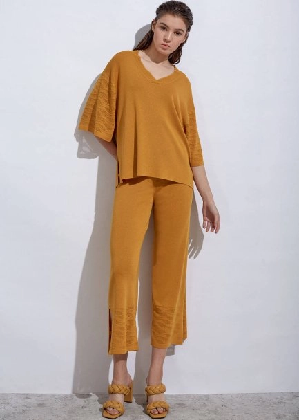 Örgü Detaylı Crop Sarı Triko Pantolon - 2