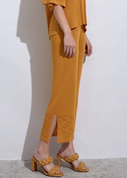 Örgü Detaylı Crop Sarı Triko Pantolon - 3