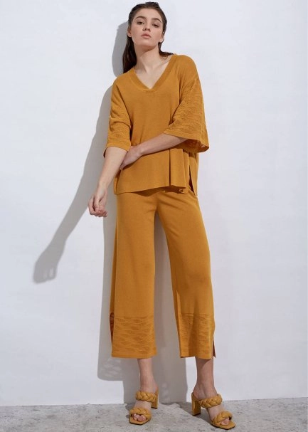 Örgü Detaylı Crop Sarı Triko Pantolon - 4