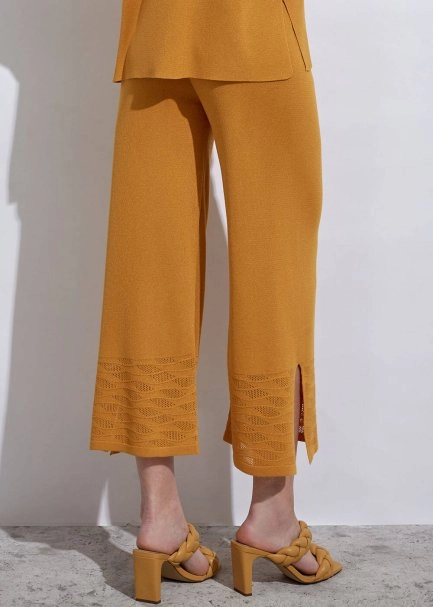 Örgü Detaylı Crop Sarı Triko Pantolon - 5