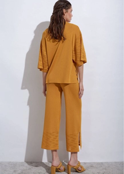 Örgü Detaylı Crop Sarı Triko Pantolon - 6
