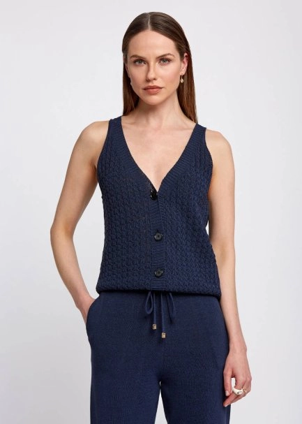 Örgü Detaylı Düğmeli Kolsuz Lacivert Triko Üst - 1